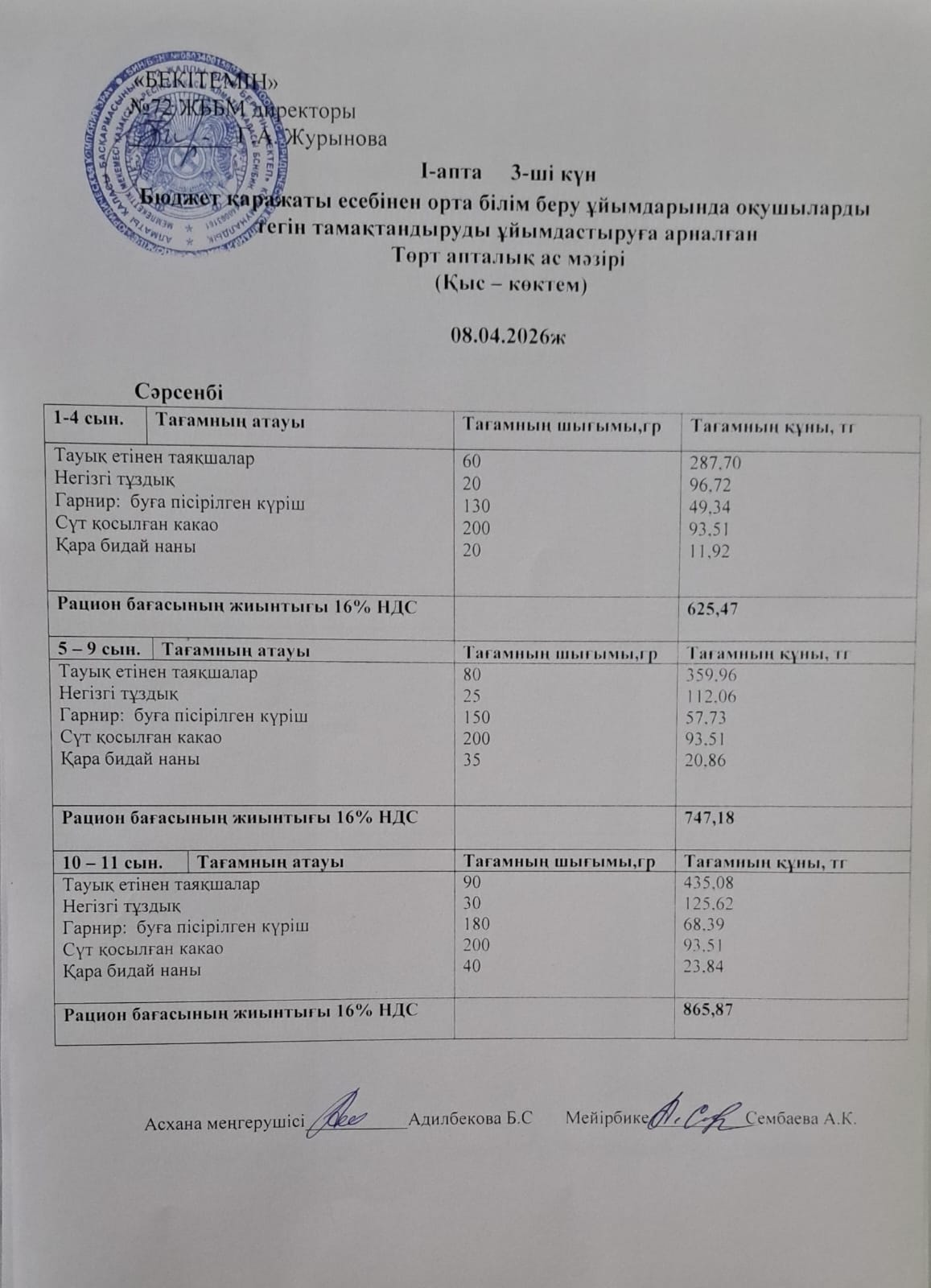 Ас мәзірі. 08.04.2026 ж. (1-апта, 3-күн)