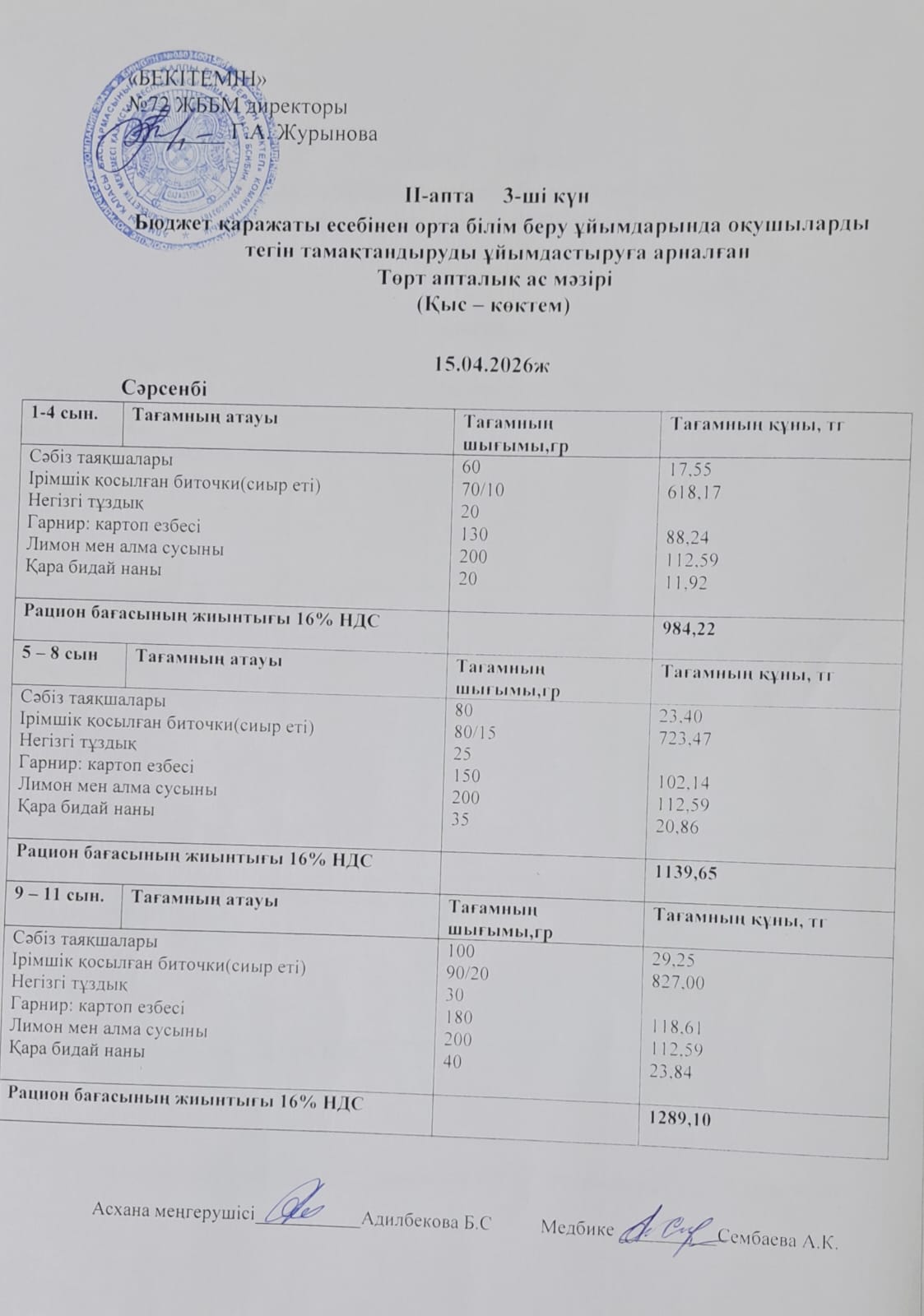 Ас мәзірі. 15.04.2026 ж. (2-апта, 3-күн)