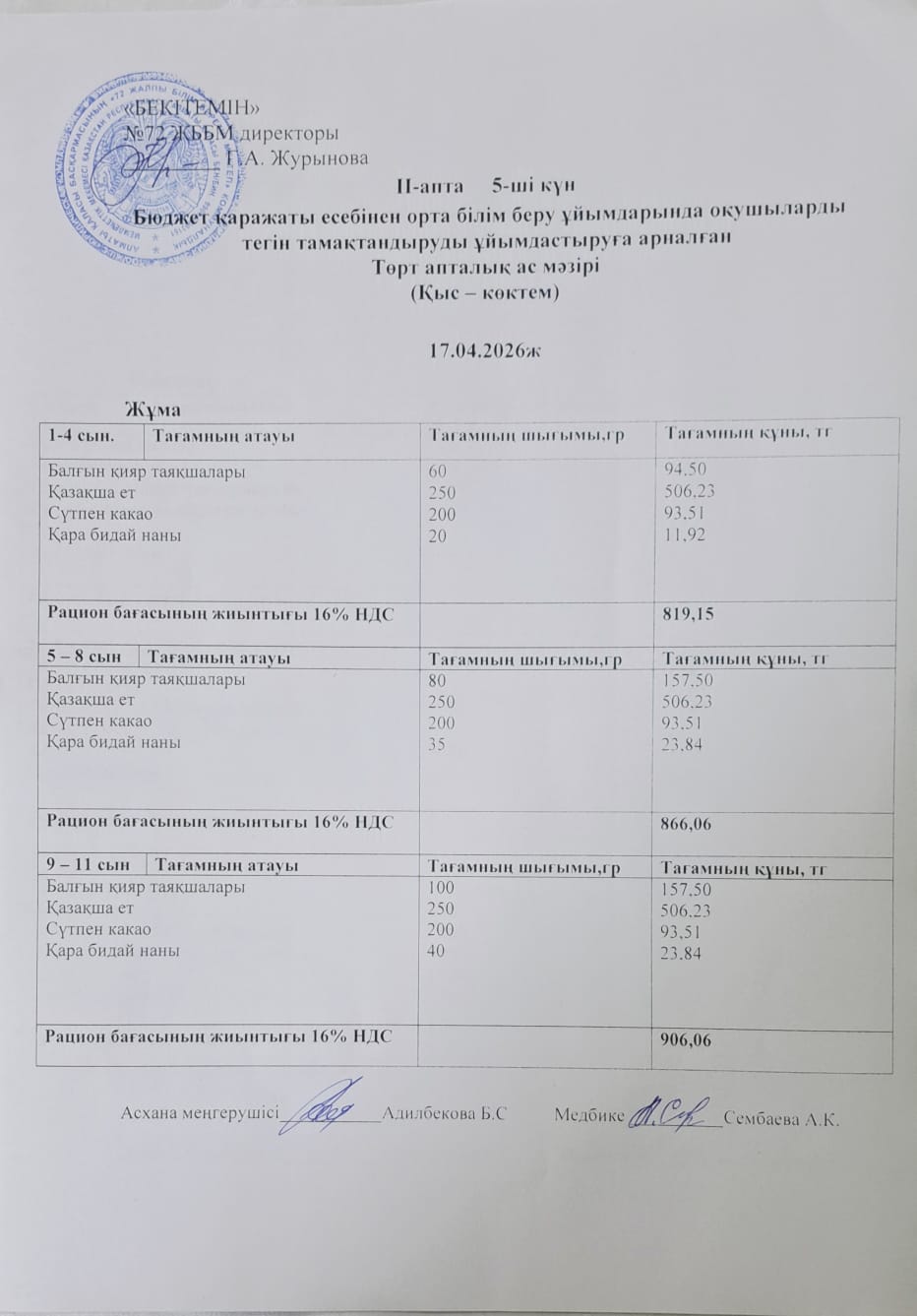 Ас мәзірі. 17.05.2026 ж. (2-апта, 5-күн)