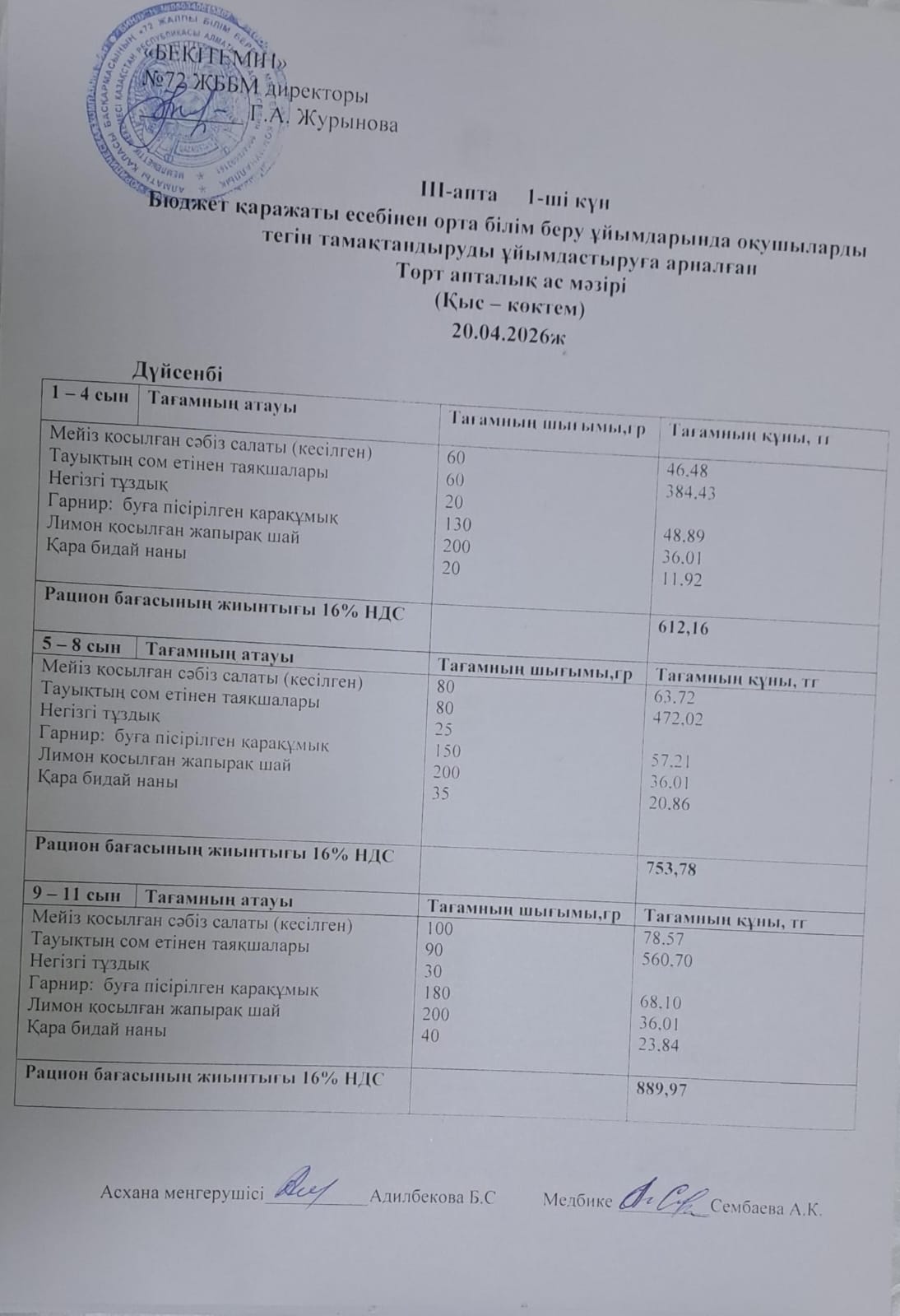 Ас мәзірі. 20.04.2026 ж. (3-апта, 1-күн)
