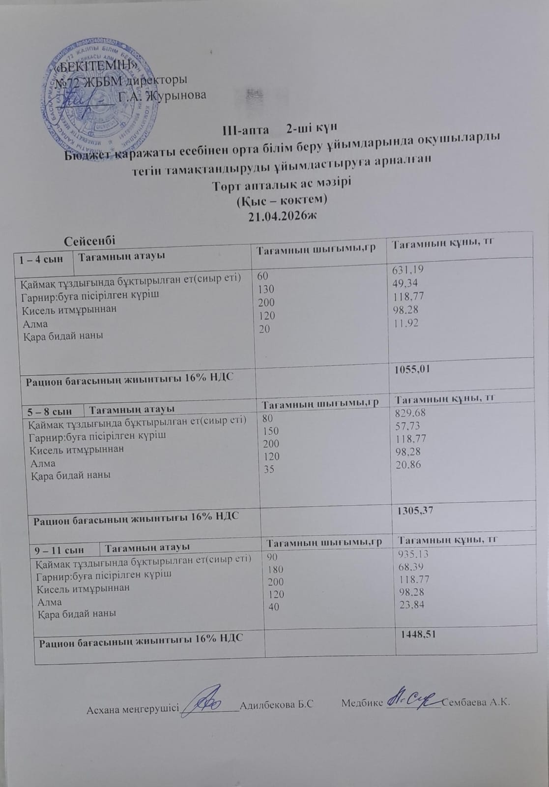 Ас мәзірі. 21.04.2026 ж. (3-апта, 2-күн)