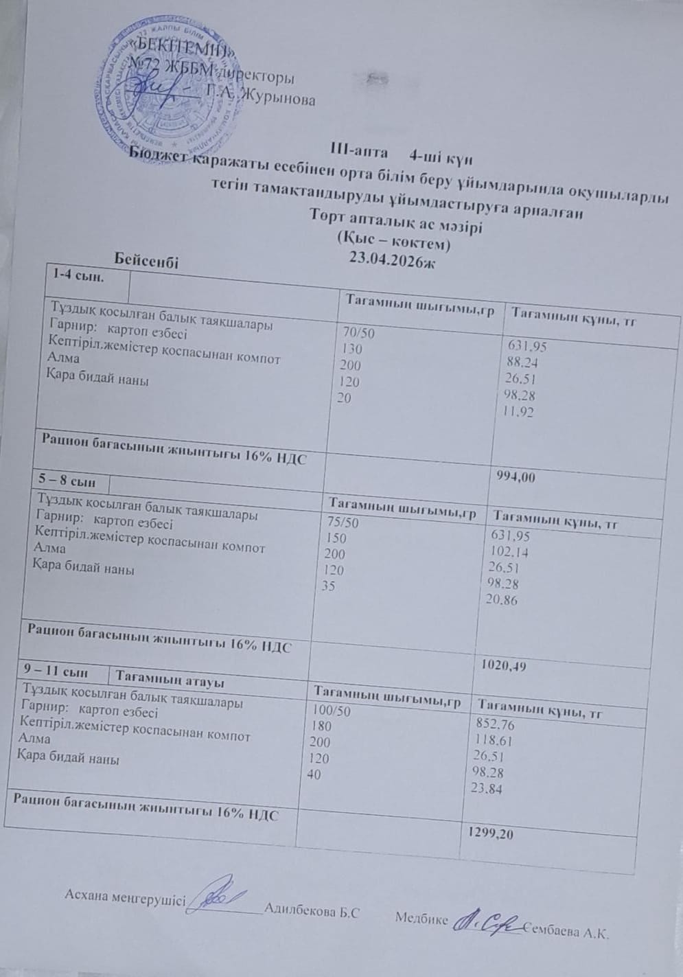 Ас мәзірі. 23.04.2026 ж. (3-апта, 4-күн)