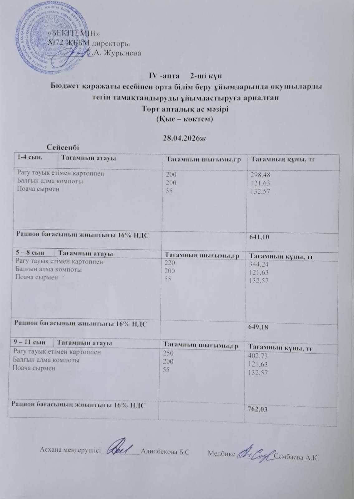 Ас мәзірі. 28.04.2026 ж. (4-апта, 2-күн)