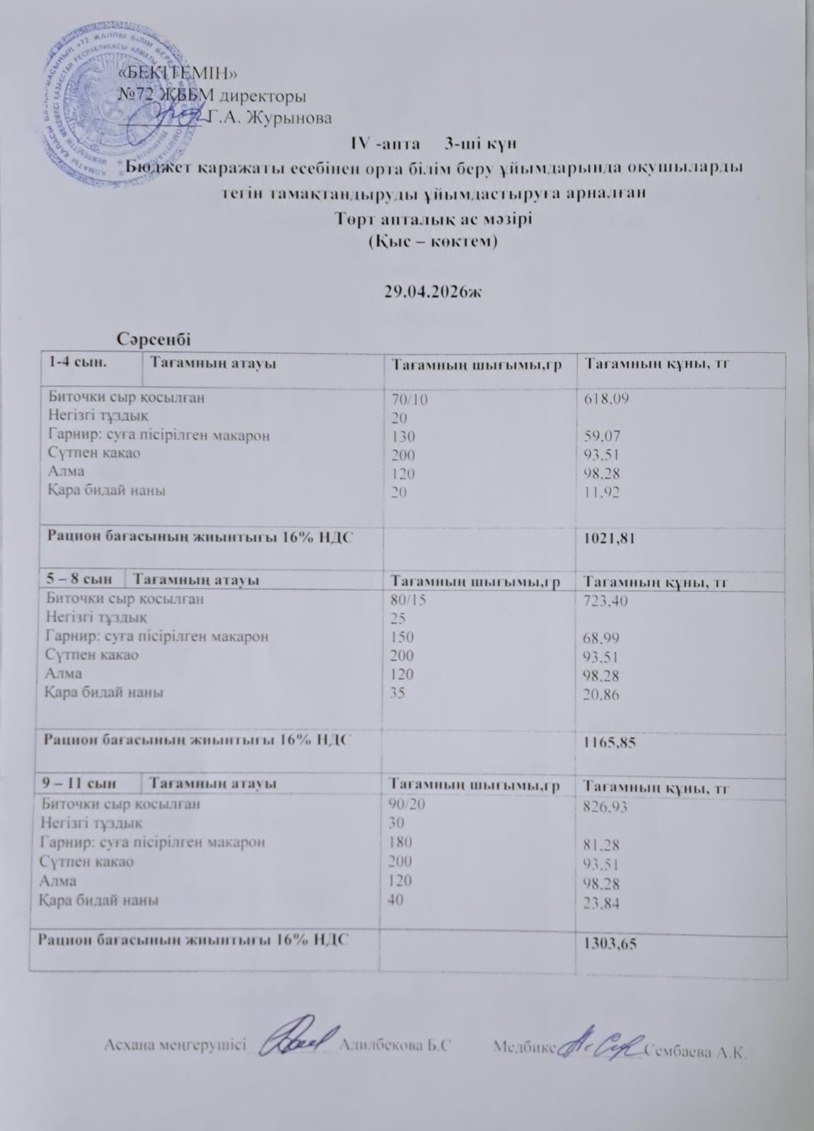 Ас мәзірі. 29.04.2026 ж. (4-апта, 3-күн)