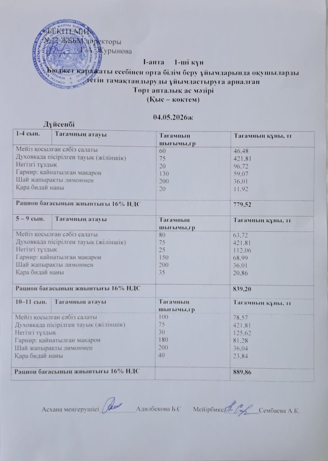 Ас мәзірі. 04.05.2026 ж. (1-апта, 1-күн)