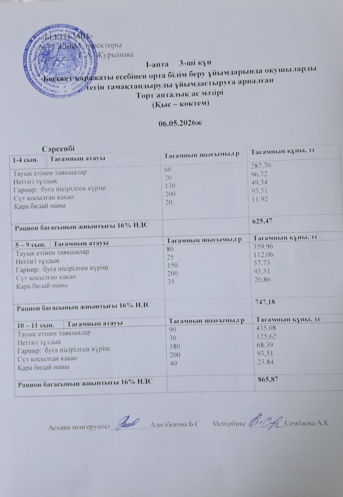 Ас мәзірі. 06.05.2026 ж. (1-апта, 3-күн)