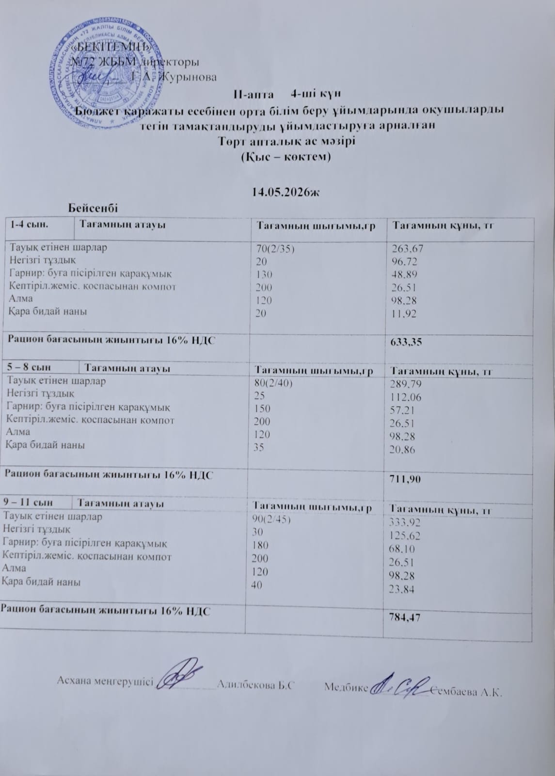 Ас мәзірі. 14.05.2026 ж. (2-апта, 4-күн)