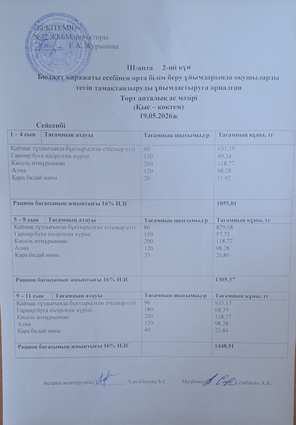 Ас мәзірі. 19.05.2026 ж. (3-апта, 2-күн)