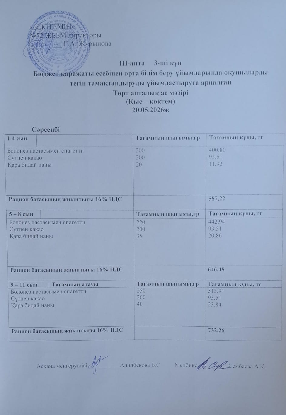 Ас мәзірі. 20.05.2026 ж. (3-апта, 3-күн)
