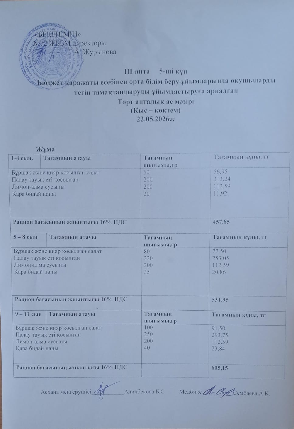 Ас мәзірі. 22.05.2026 ж. (3-апта, 5-күн)