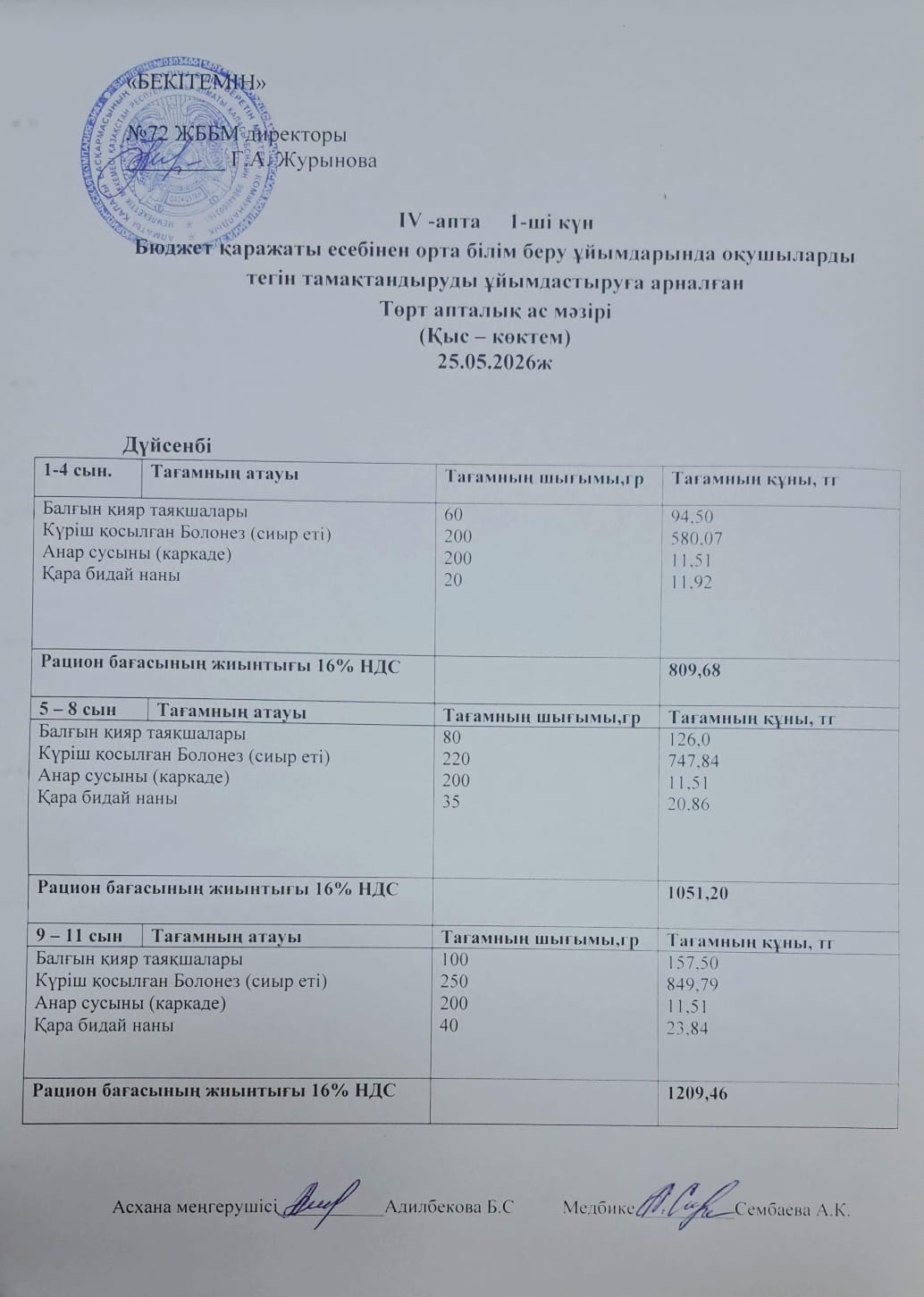 Ас мәзірі. 25.05.2026 ж. (4-апта, 1-күн)